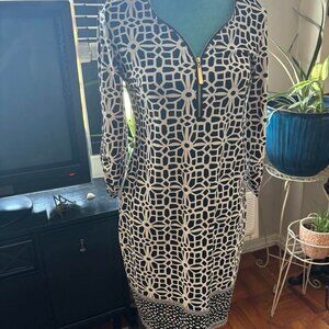 Tacera black and white dress with zipper neckline